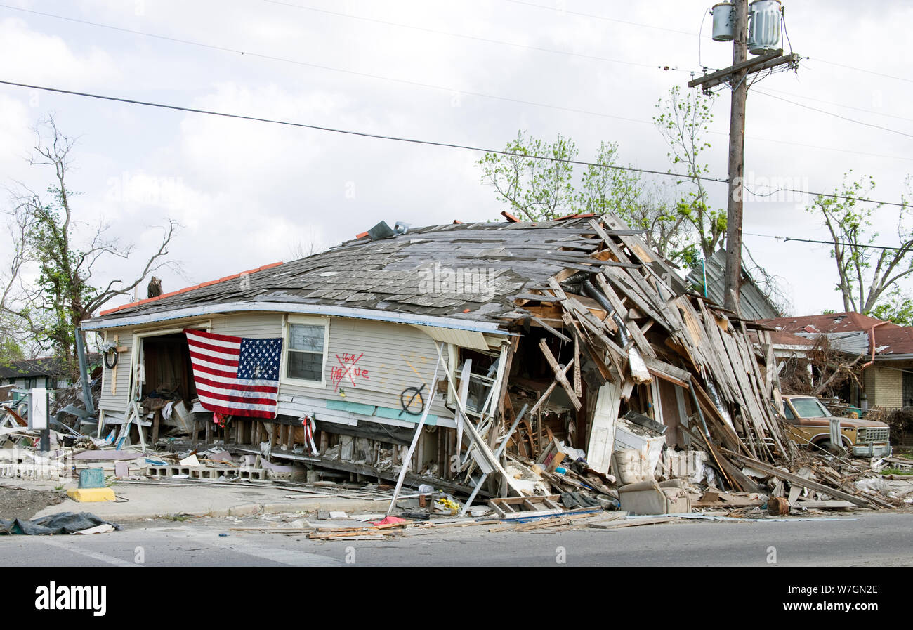 Barber Shop situato nel nono Ward, New Orleans, Louisiana, danneggiata dall'uragano Katrina nel 2005 Foto Stock