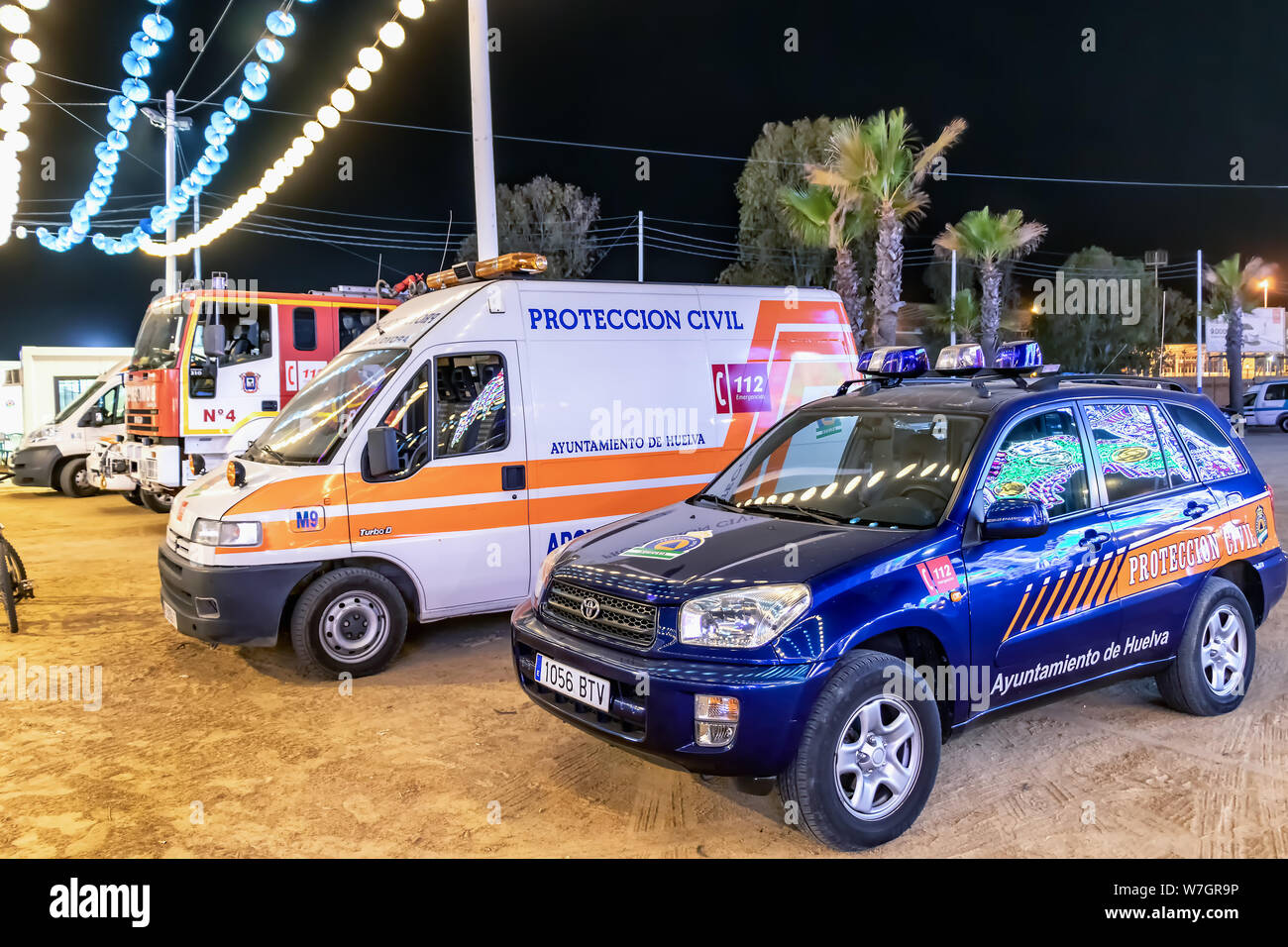I veicoli della Protezione Civile (Protección Civil) e 112 emergenze in Festival colombiano (Fiestas Colombinas de Huel Foto Stock