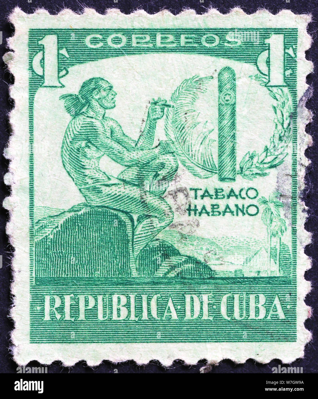 Il tabacco cubano pubblicizzati sul vecchio francobollo Foto Stock