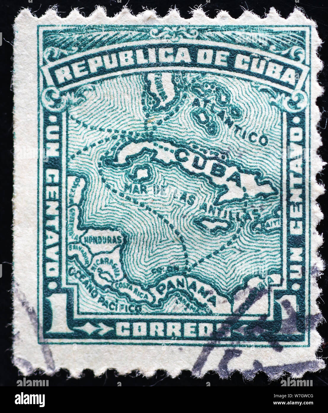 Mappa di Cuba su vintage francobollo Foto Stock