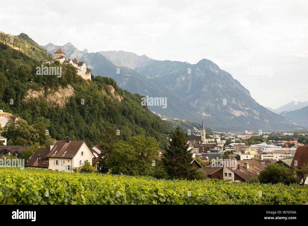 La città di Vaduz, Liechtenstein, nelle alpi tra Svizzera e Austria, come osservata dal royal vigneti. Il castello è in alto a sinistra. Foto Stock