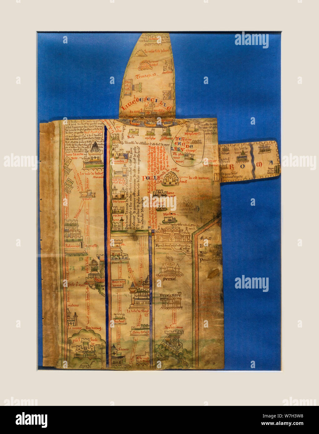 Xiii secolo mappa / itinerario mostra percorso da Londra alla Palestina, parte della Historia Anglorum con Matteo Parigi, monaco medioevale e cartografo Foto Stock