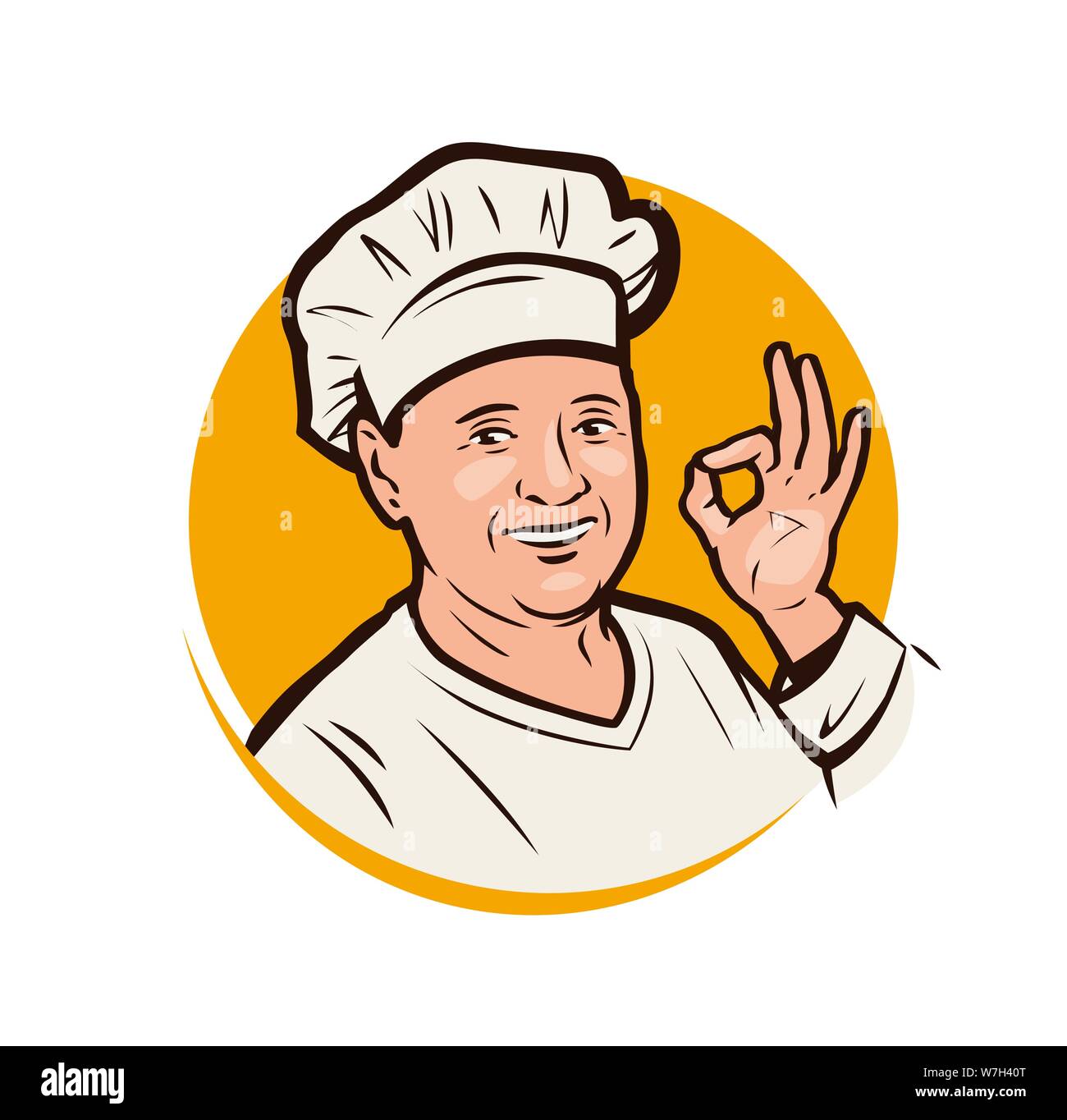 Ritratto di una donna felice cook. Ristorante, panificio logo o emblema. Illustrazione Vettoriale Illustrazione Vettoriale