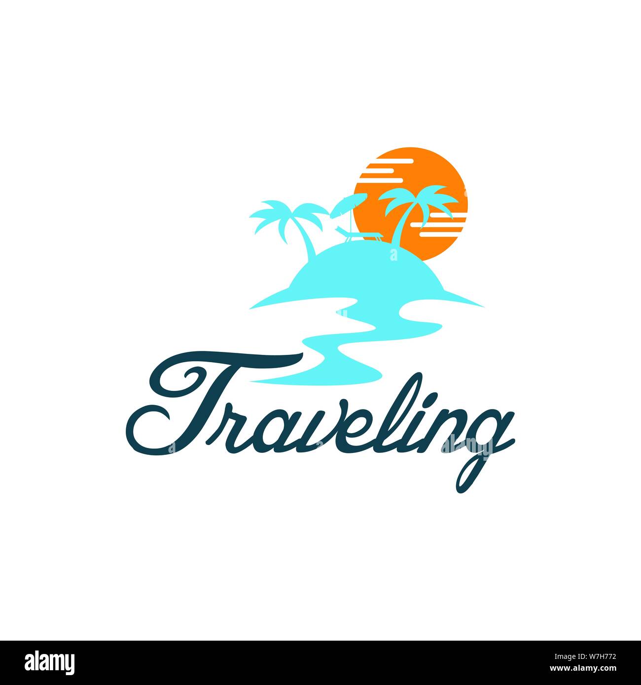 Estate spiaggia con palme di viaggio stagionali design Logo design illustrazione comcept Illustrazione Vettoriale
