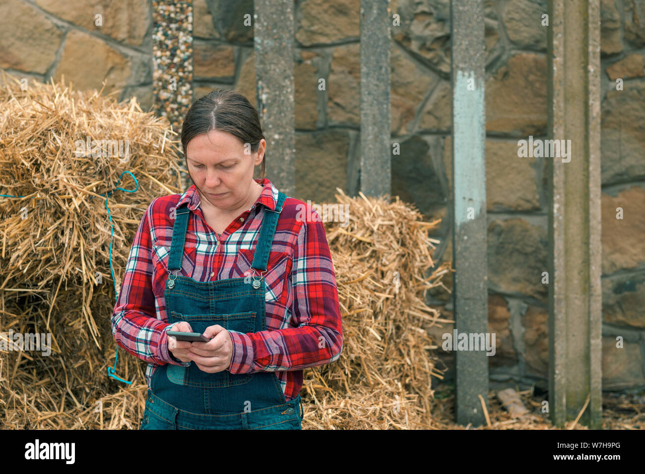 L'agricoltore femmina la digitazione di un messaggio sms sul cellulare di fronte al casale pagliaio Foto Stock