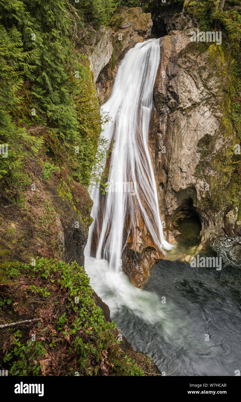 Abbassare Twin Falls in primavera, Twin Falls Area naturale in stato Olallie Park, North Cascades, vicino alla città di North Bend, Washington, Stati Uniti d'America Foto Stock