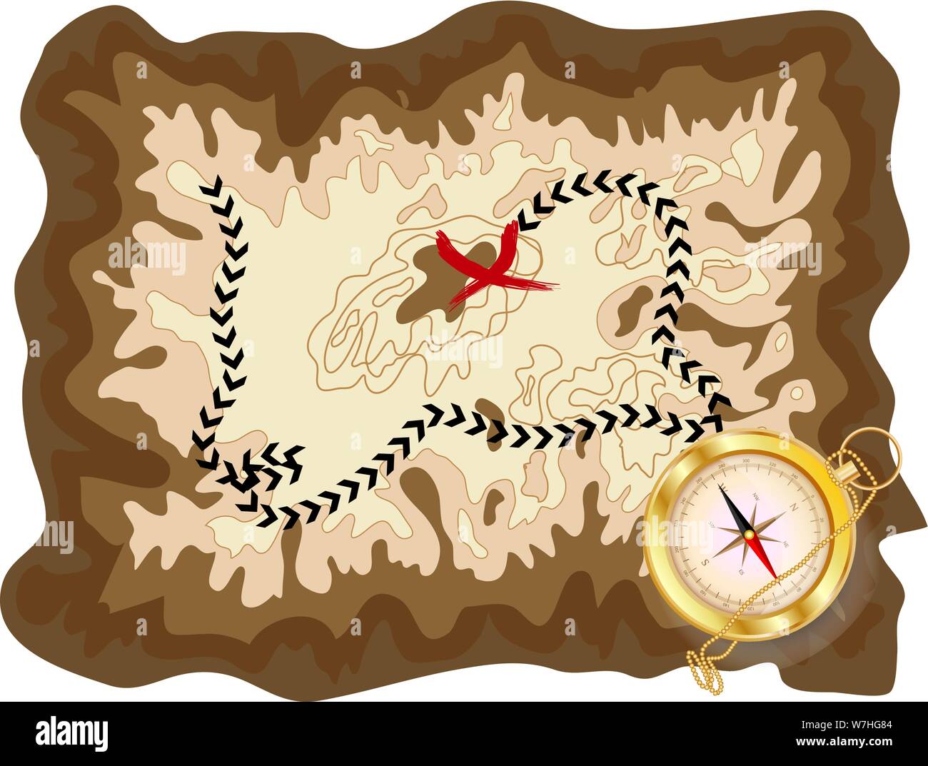 Un pirata mappa vecchia su una pergamena gialla con un percorso segnalato e  un marchio rosso con una bussola dorata giacente su di esso, i messaggi  crittografati Immagine e Vettoriale - Alamy
