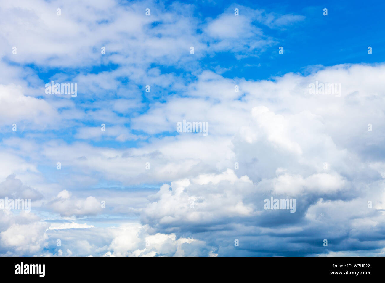 Sfondo naturale - dense nuvole bianche nel cielo blu sul giorno di estate Foto Stock