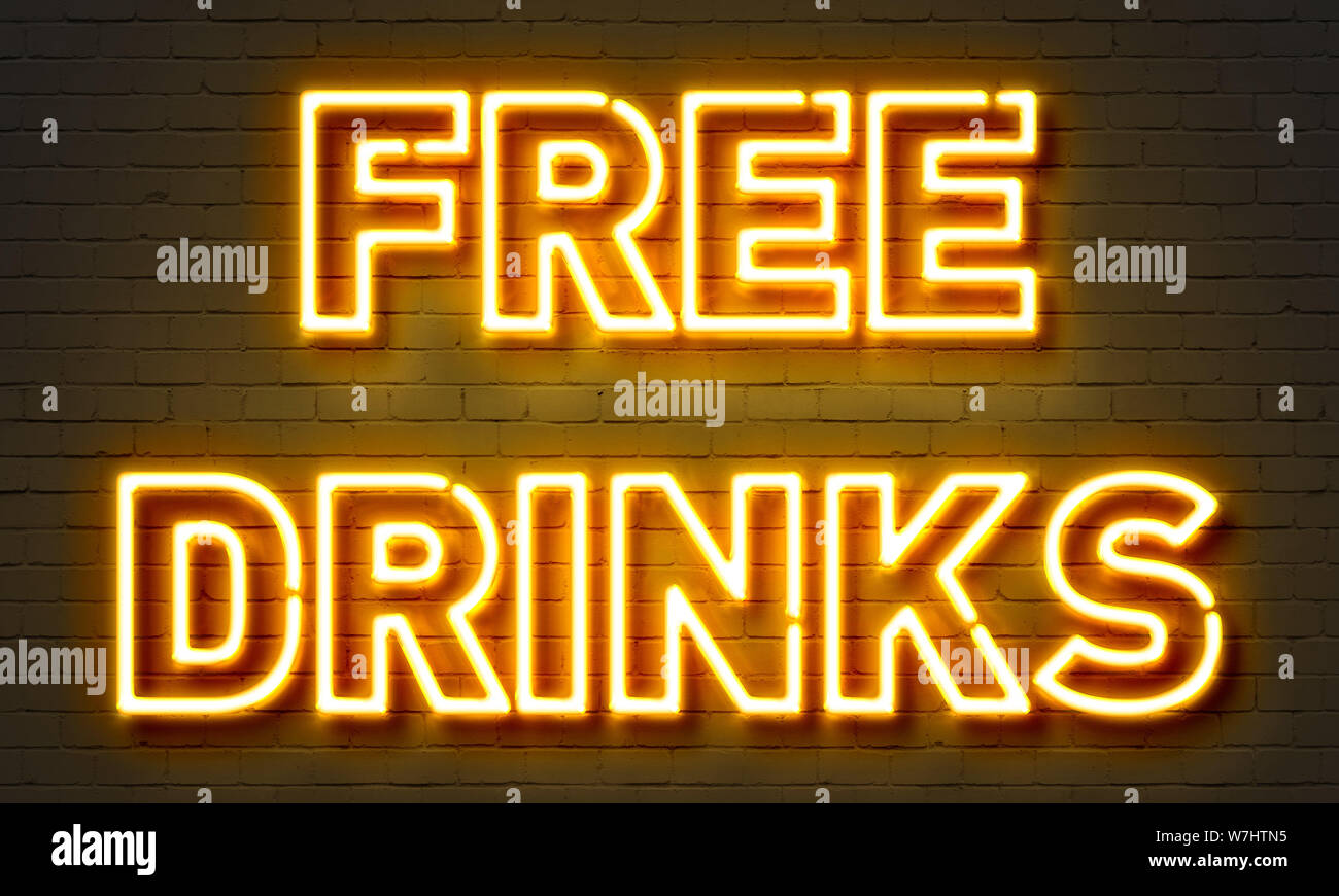 Bevande gratuite insegna al neon sul muro di mattoni in background Foto Stock