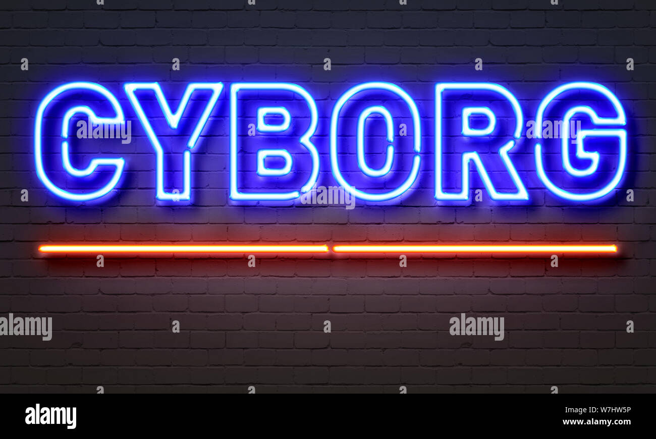 Cyborg segno al neon sul muro di mattoni in background Foto Stock