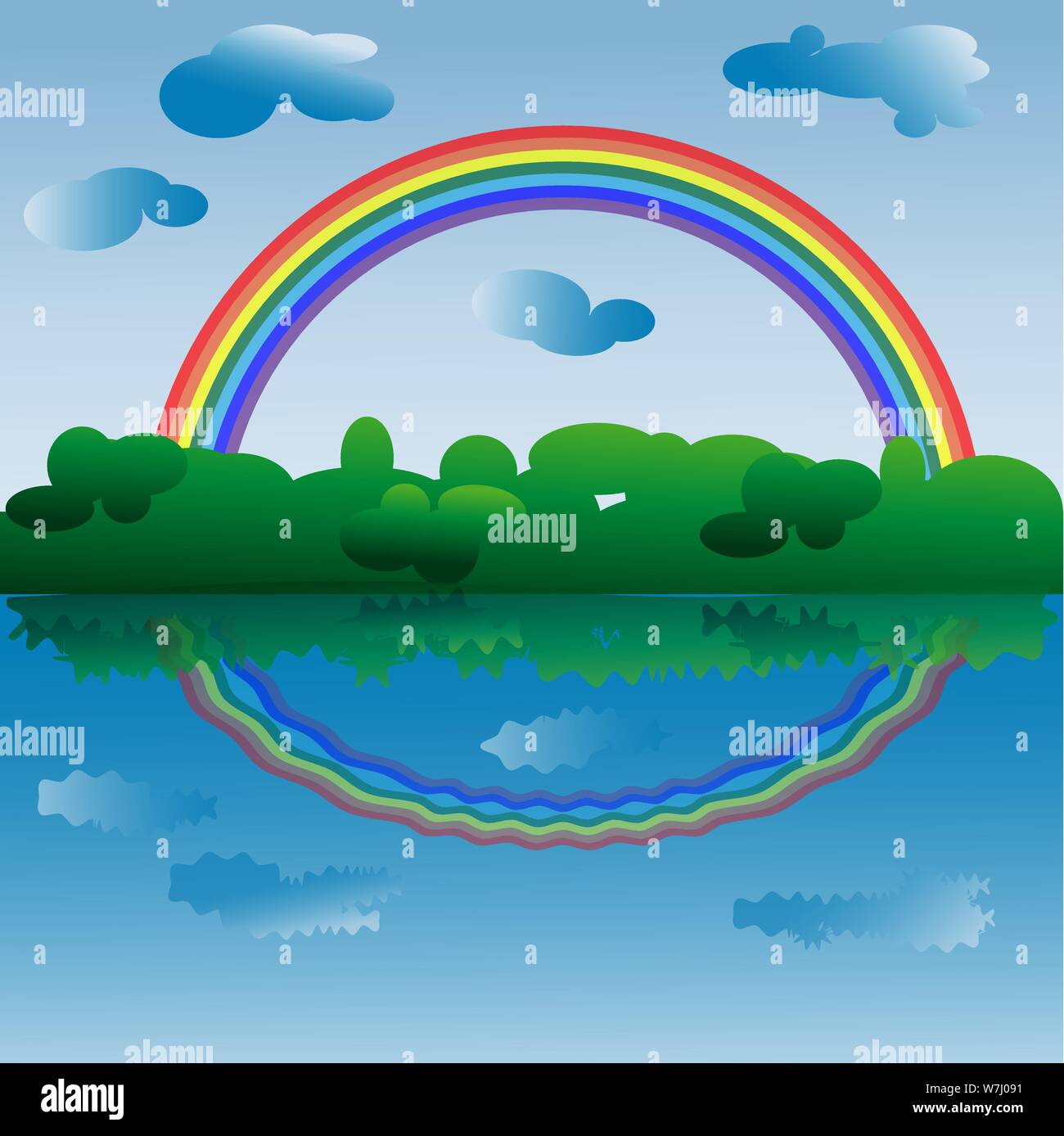 Un brillante arcobaleno di sette colori al di sopra del bosco e acqua, un  arcobaleno e nuvole si riflettono nell'acqua. Paesaggio, Paesaggio,  riflessione Immagine e Vettoriale - Alamy
