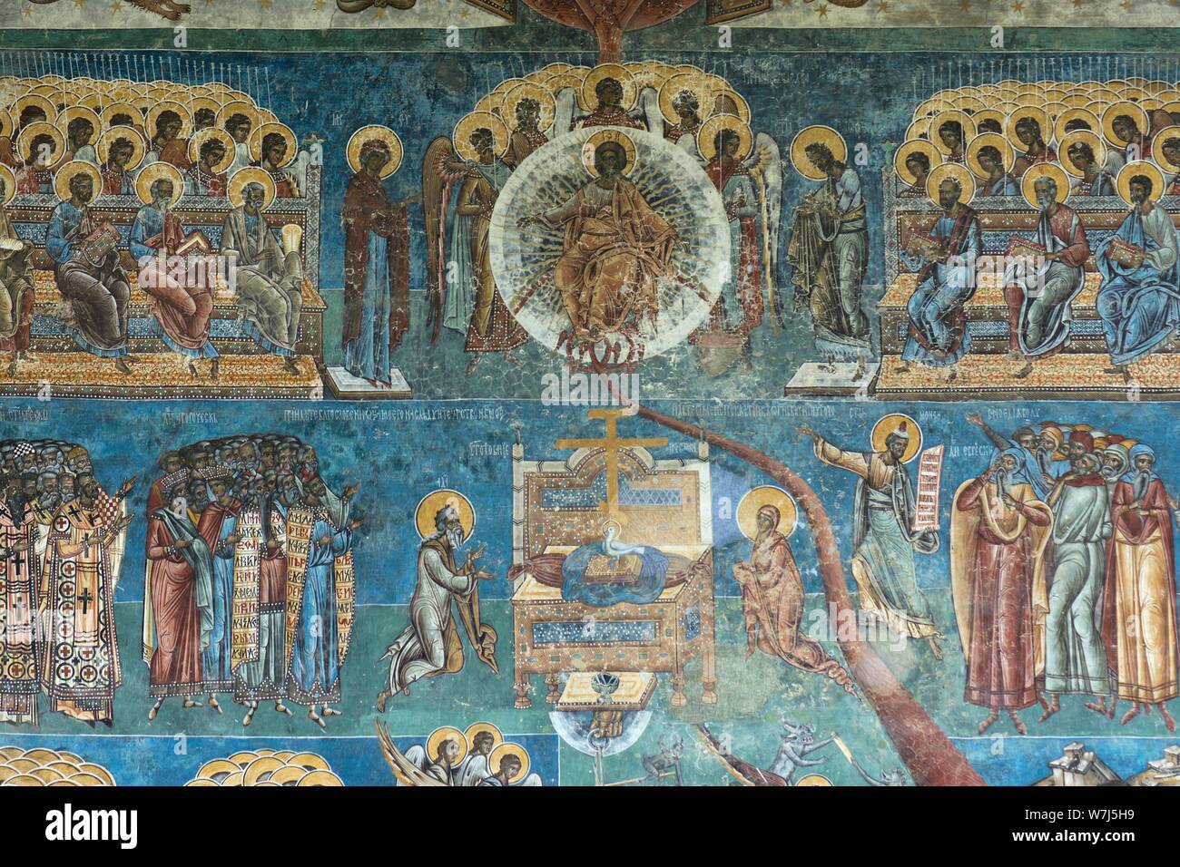 Dettaglio, affresco murale, ultima sentenza, monastero chiesa VoroneÈ', 1547, Romania Foto Stock