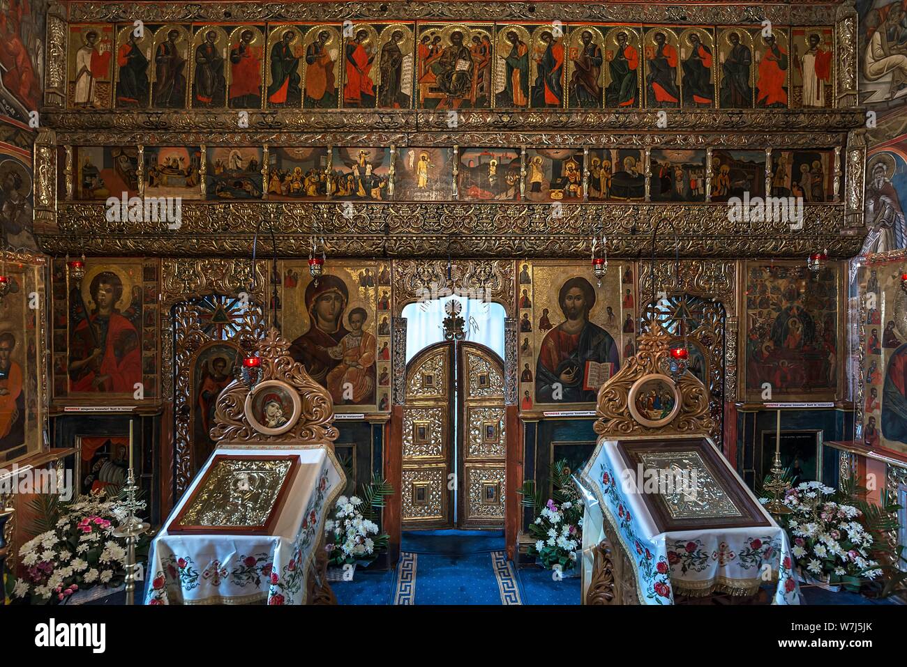Tabelle di preghiera davanti all altare parete nell'Umorismo Monastero Ortodosso Rumeno convento, 1530, Gura Humorului, Romania Foto Stock