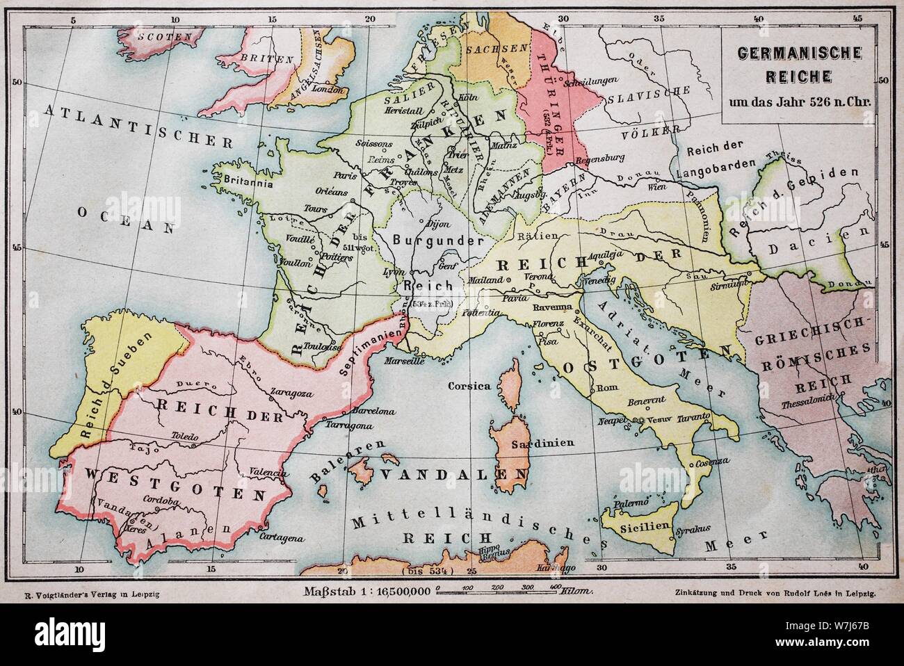 Mappa dell'Impero germanico intorno all'anno 526 D.C. illustrazione storico, Italia Foto Stock