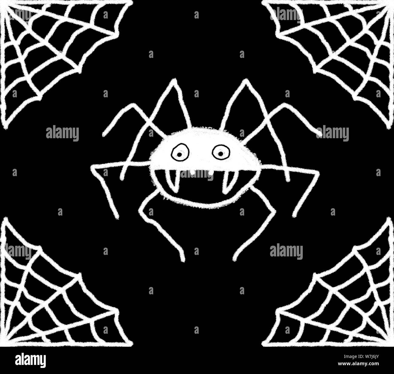 Disegnata a mano spider web illustrazioni con una crociera nel centro. Bianco e web spider con uno sfondo nero Foto Stock