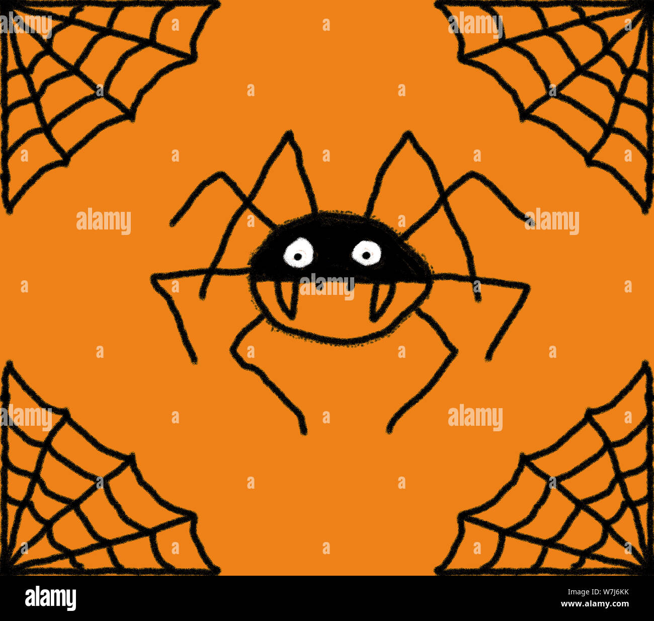 Disegnata a mano spider web illustrazioni con una crociera nel centro. Nero e web spider con un sfondo arancione Foto Stock