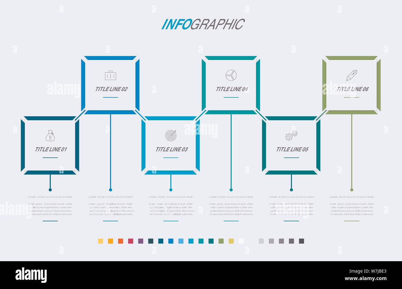 Modello infografico. 6 fasi di design arrotondato con bellissimi colori. Vettore di elementi di sequenza temporale per le presentazioni. Illustrazione Vettoriale