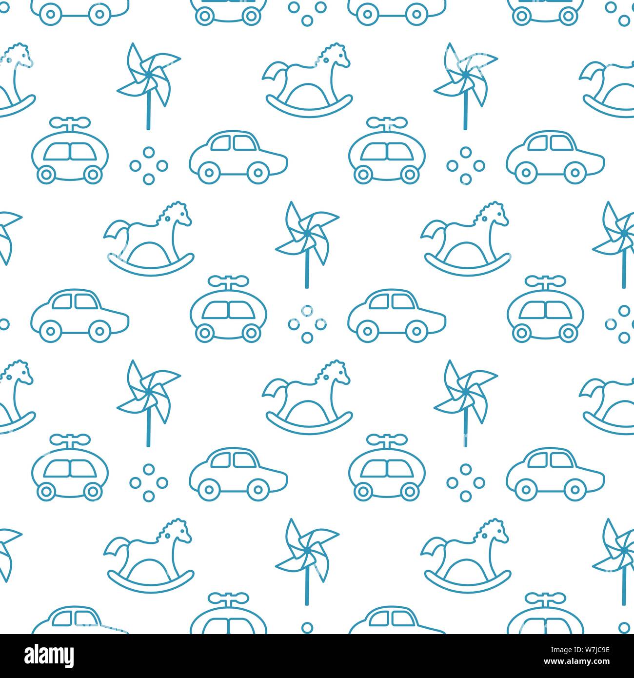 Vector seamless pattern con giocattoli per bambini. La Girandola, cavallo a dondolo, vetture. I bambini lo sfondo. Design per imballaggio, tessuto, stampa. Illustrazione Vettoriale