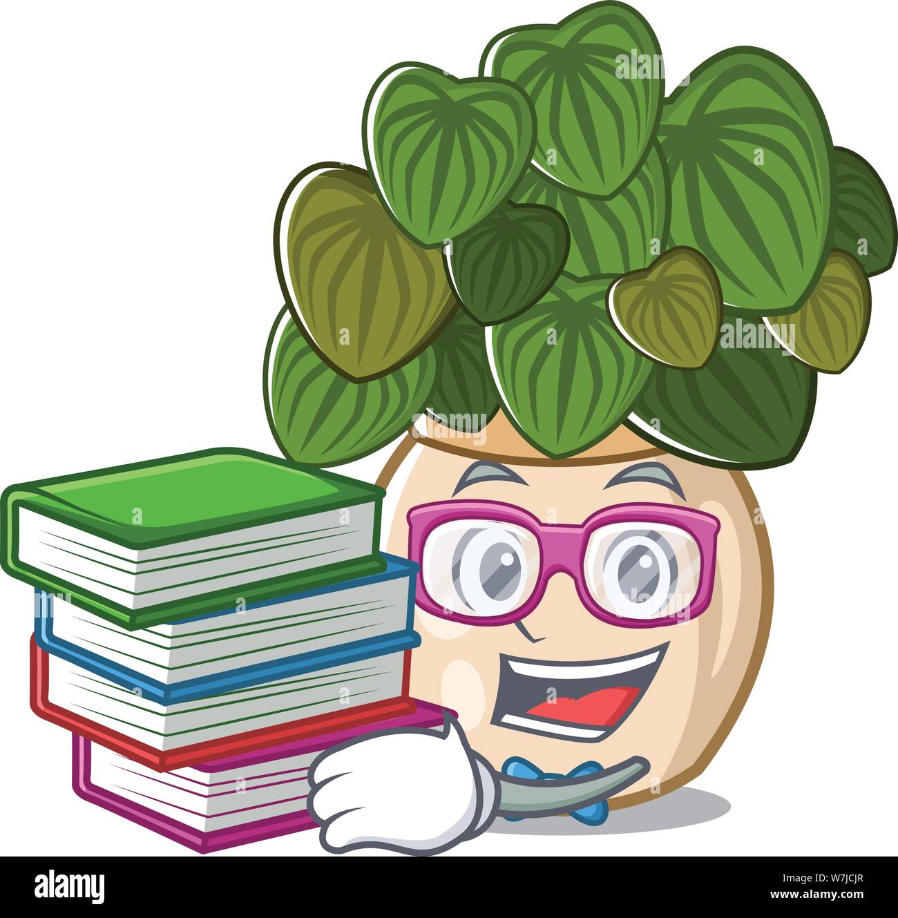 Studente con libro peperomia con in forma di cartoni animati Illustrazione Vettoriale