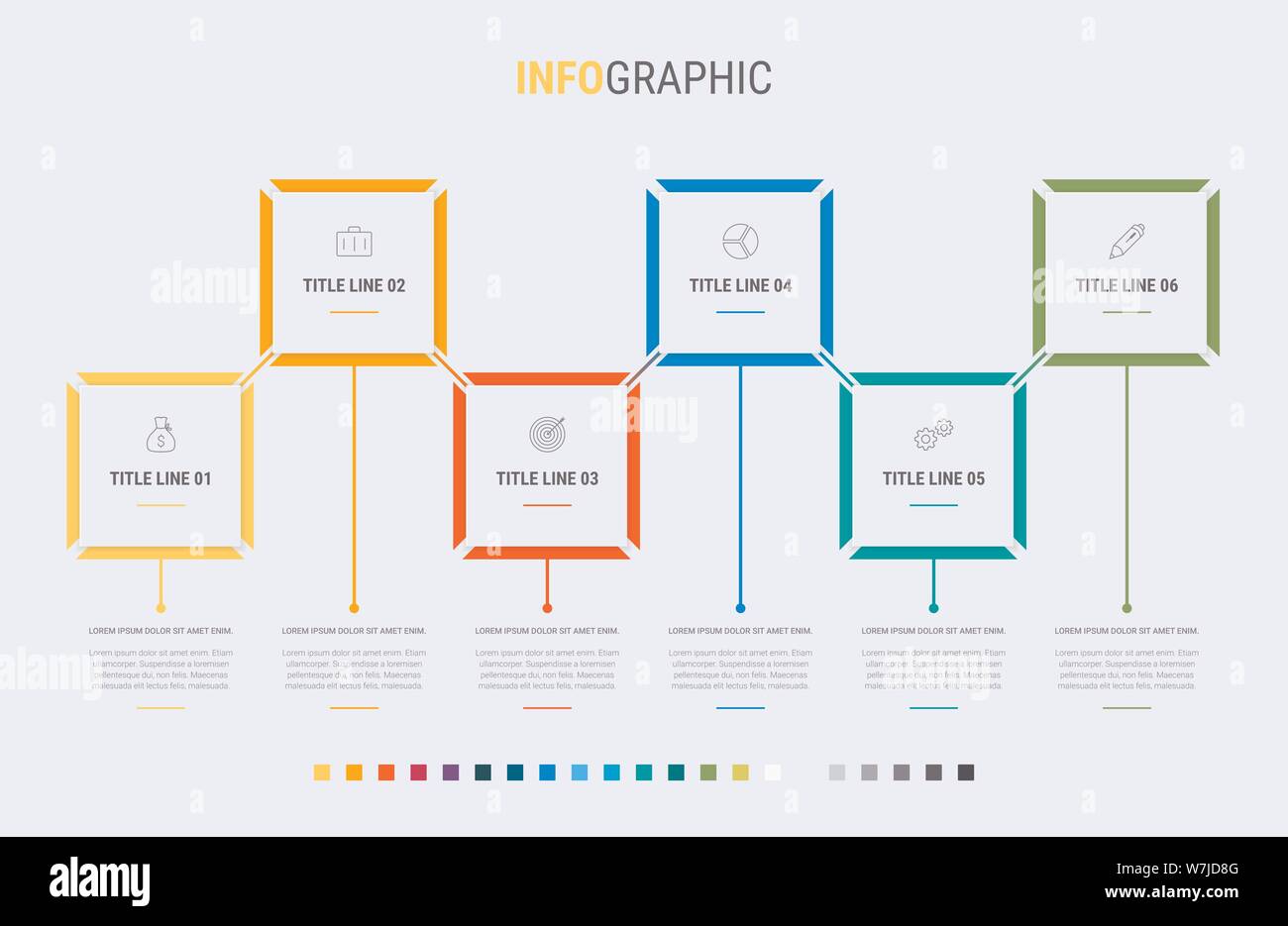 Timeline infografico vettore di design. 6 opzioni di flusso di lavoro rettangolare formato. Infografico vettore timeline modello. Illustrazione Vettoriale