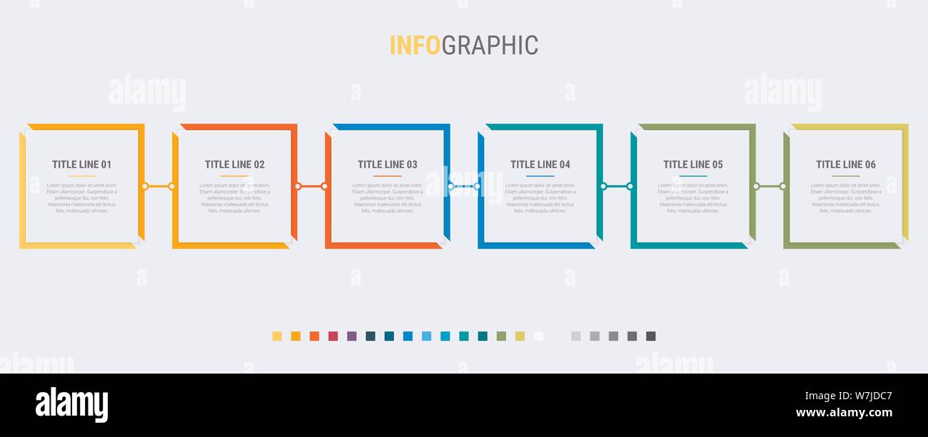 Schema colorati, modello infografico. Timeline con 6 passaggi. Rettangolare del processo del flusso di lavoro per il business. Il design del vettore. Illustrazione Vettoriale