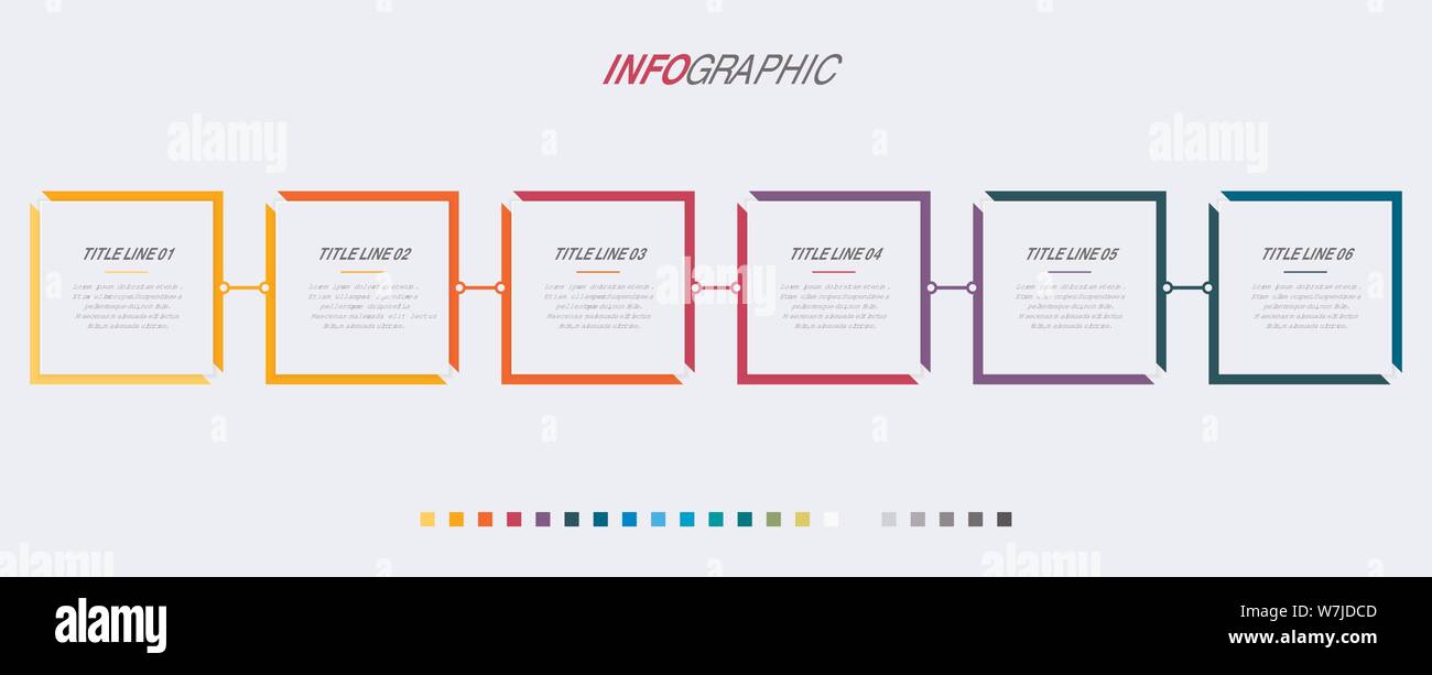 Abstract business infografico rettangolare modello con 6 passaggi. Schema colorati, timeline e pianificare isolato su sfondo chiaro. Illustrazione Vettoriale