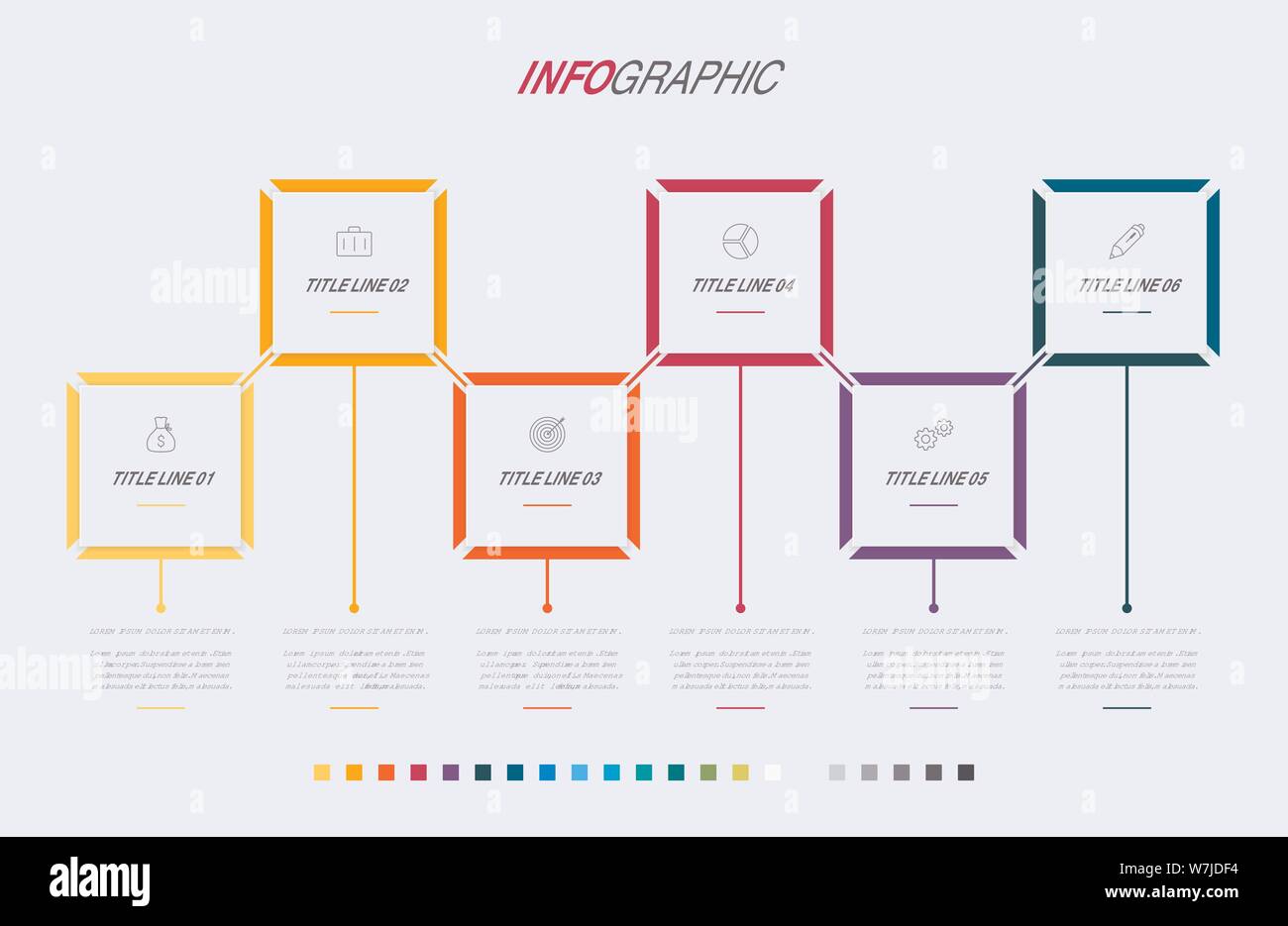 Modello infografico. 6 opzioni di design rettangolare con bellissimi colori. Vettore di elementi di sequenza temporale per le presentazioni. Illustrazione Vettoriale
