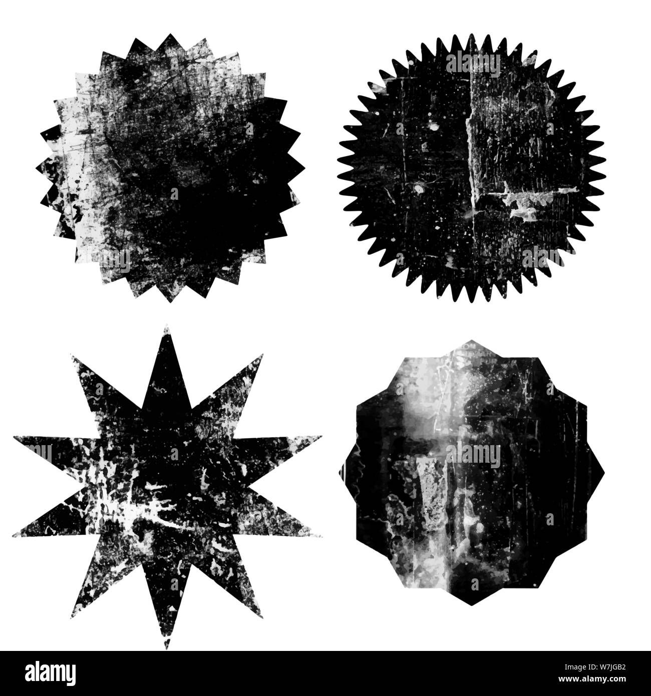 Set di nero starburst grunge timbri su sfondo bianco. Set di icone sul web. Scudetti e le etichette di varie forme. Illustrazione Vettoriale Illustrazione Vettoriale