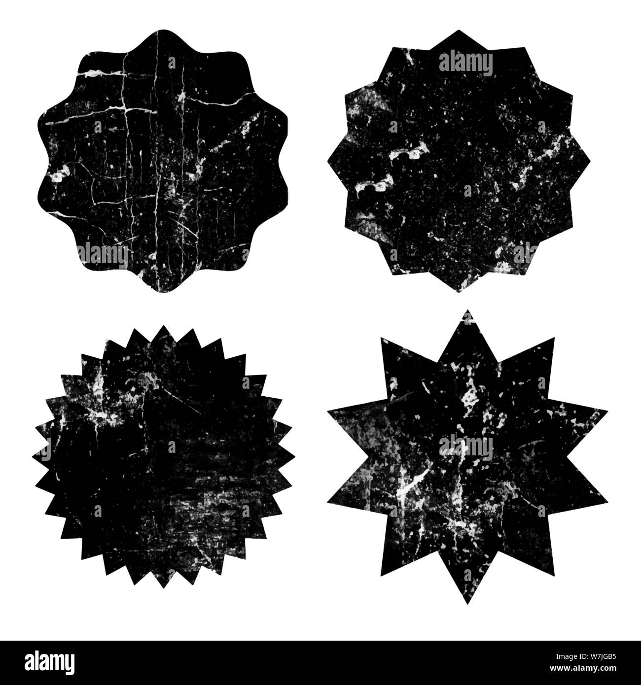 Set di nero starburst grunge timbri su sfondo bianco. Set di icone sul web. Scudetti e le etichette di varie forme. Illustrazione Vettoriale Illustrazione Vettoriale