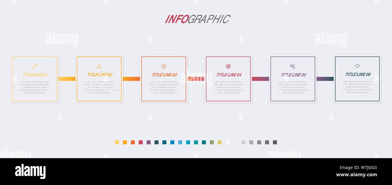 Timeline infografico vettore di design. 6 passaggi per il flusso di lavoro quadrato formato. Infografico vettore timeline modello. Illustrazione Vettoriale