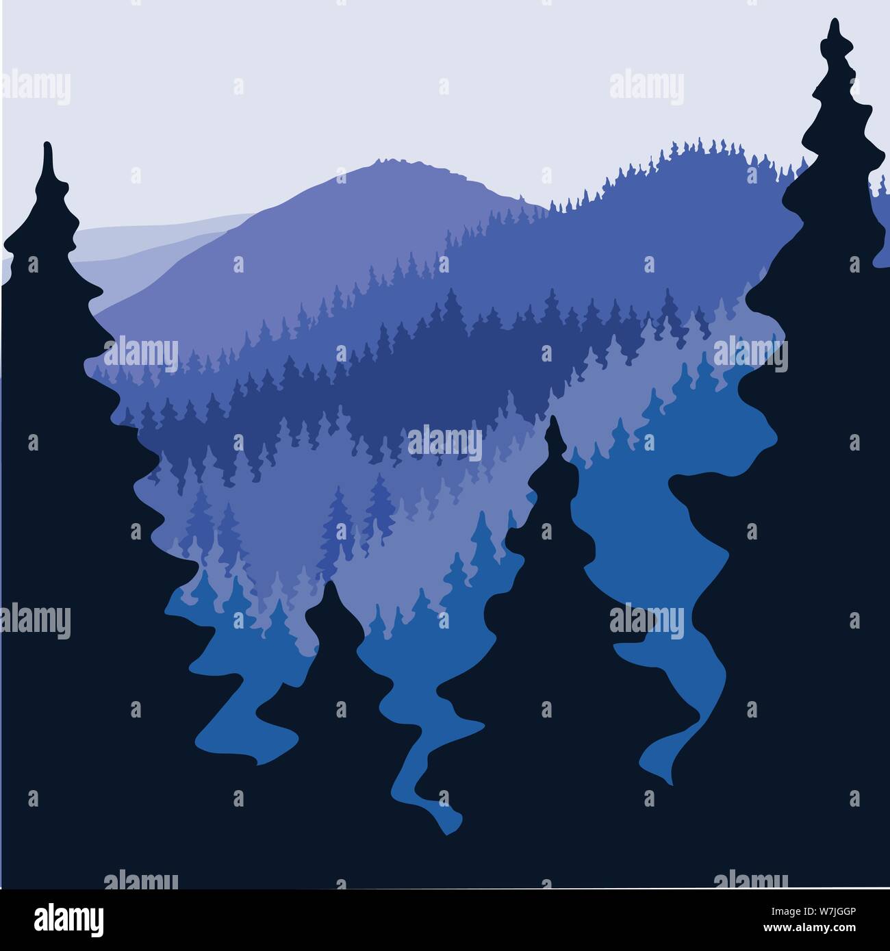 Layered montagne coperte di bosco con grandi alberi di pelliccia in primo piano. Illustrazione Vettoriale