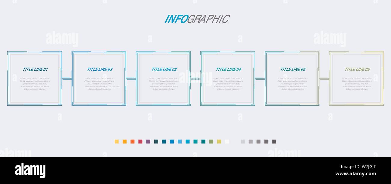 Modello infografico. 6 opzioni di design rettangolare con bellissimi colori. Vettore di elementi di sequenza temporale per le presentazioni. Illustrazione Vettoriale