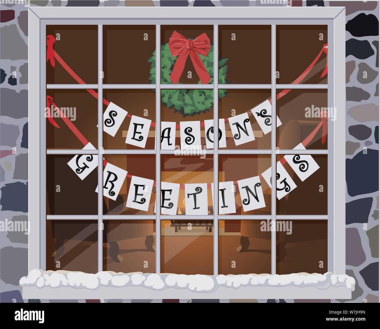Finestra di Natale suddivisa per molte piccole finestre con neve, un reef sedie e un caldo caminetto acceso all'interno di un accogliente sala di lit. Illustrazione Vettoriale