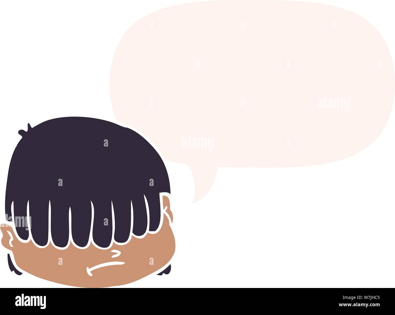 Cartoon faccia con capelli sopra gli occhi con il discorso di bolla in stile retrò Illustrazione Vettoriale