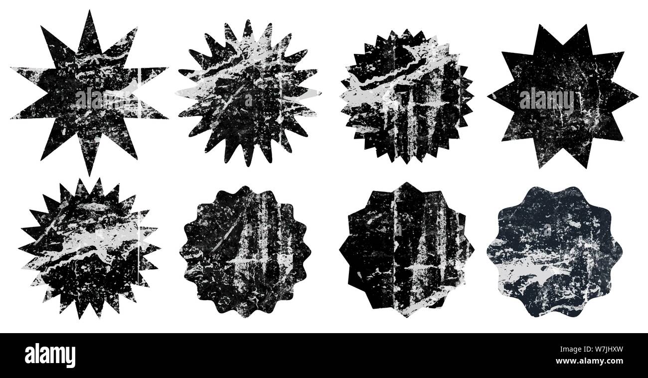 Set di nero starburst grunge timbri su sfondo bianco. Set di icone sul web. Scudetti e le etichette di varie forme. Illustrazione Vettoriale Illustrazione Vettoriale