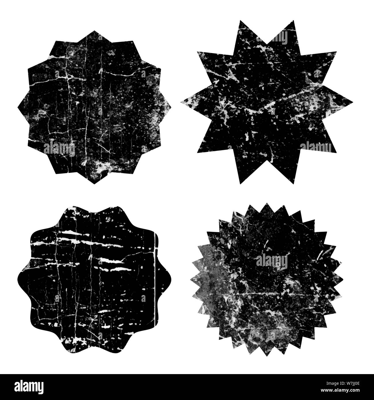 Set di nero starburst grunge timbri su sfondo bianco. Set di icone sul web. Scudetti e le etichette di varie forme. Illustrazione Vettoriale Illustrazione Vettoriale
