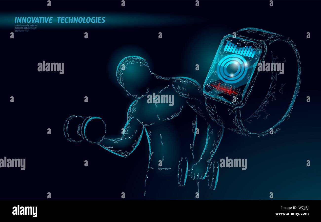 Forte di uno sportivo peso 3D poligonale tracker fitness concetto. Bassa poli smart orologi sport monitor app maschio formazione dumbbell forza braccio atletica Illustrazione Vettoriale