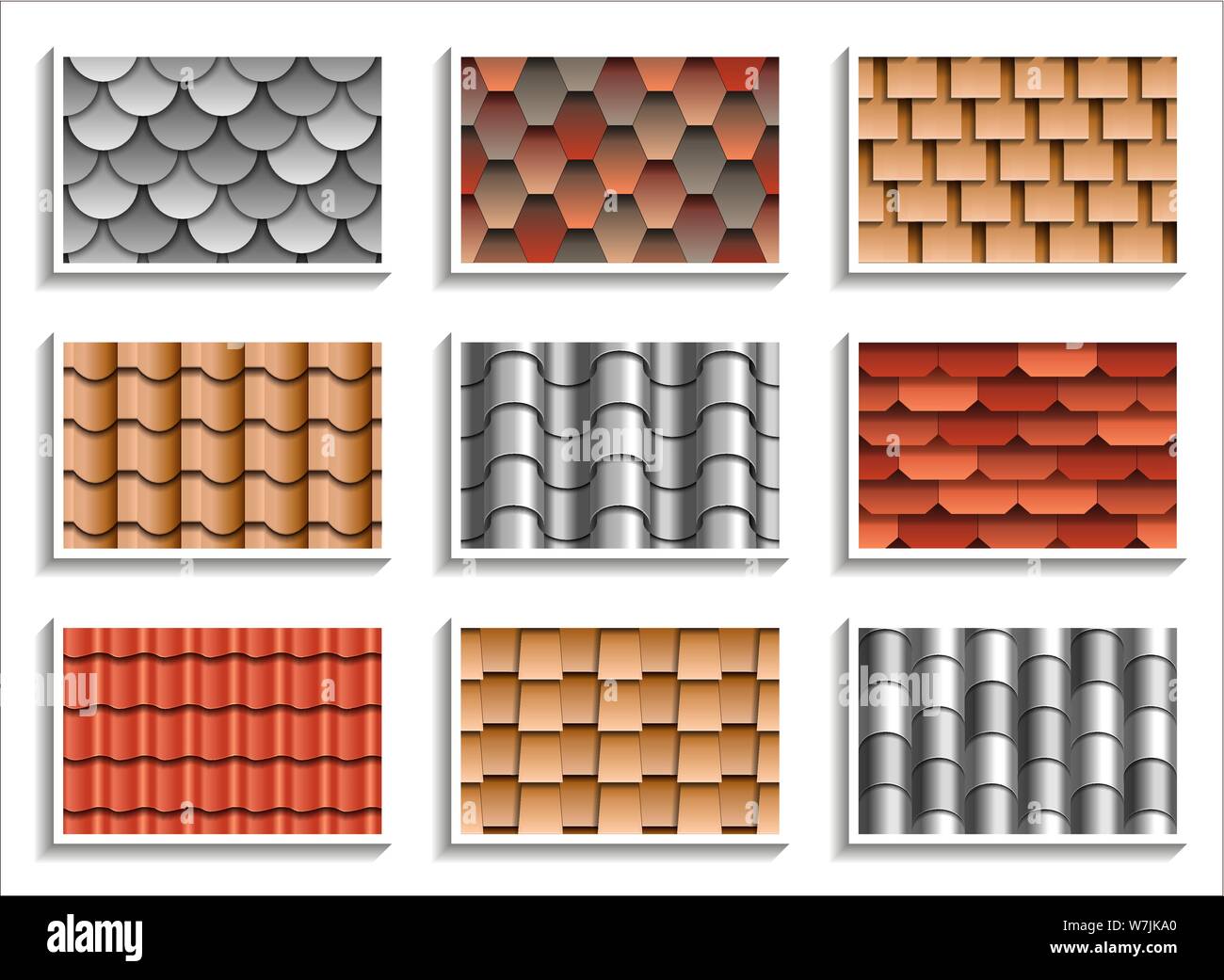 Set di seamless tegole del tetto texture. 3D modelli di materiali sul tetto Illustrazione Vettoriale