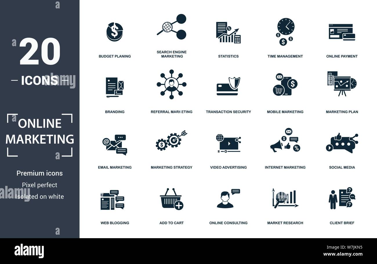 Set di icone di Marketing online. Contengono il flat riempito di email marketing, mobile marketing, statistiche, marketing con motori di ricerca, piano di marketing, social media Illustrazione Vettoriale