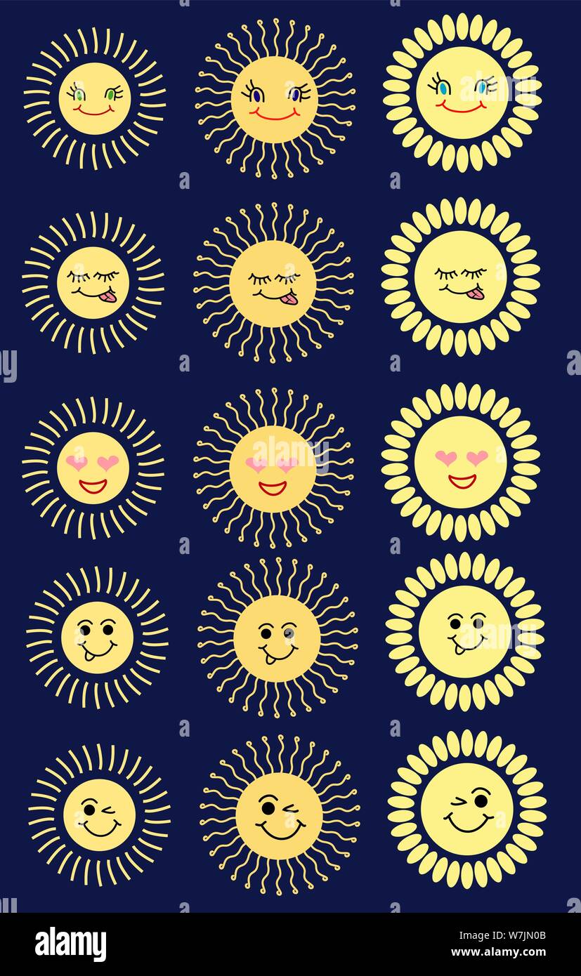 Set di sole illustrazioni di emoticon, cartoon disegni in arte piana per condizioni meteorologiche o di progetto del clima, avatar, bambini vestiti. Illustrazione Vettoriale