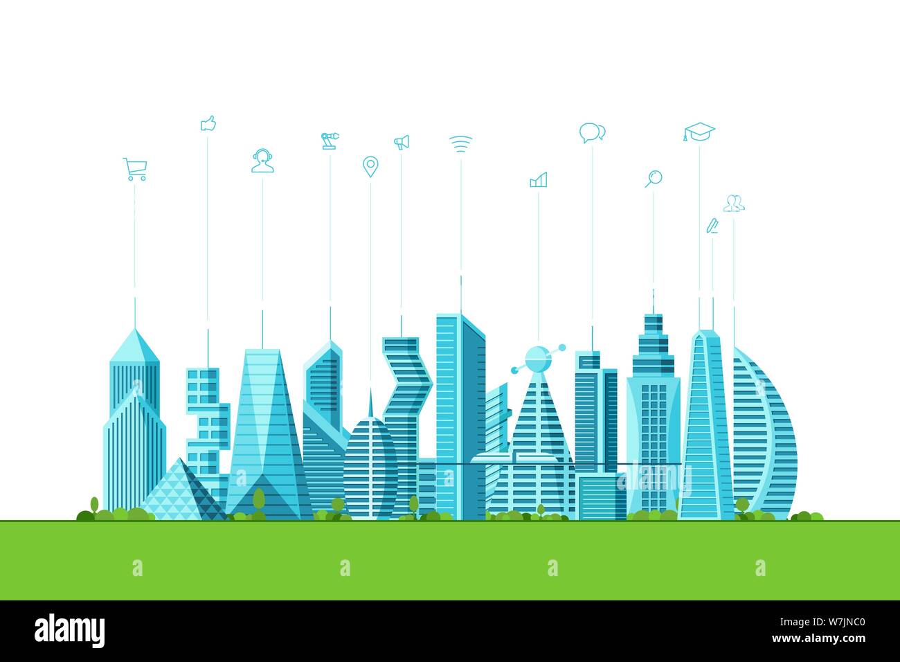 Concetto di tecnologia per le città intelligenti del futuro. Città urbana edifici moderni grattacieli con icone infografiche della rete di comunicazione internet dei social media. Illustrazione vettoriale dell'architettura futuristica Illustrazione Vettoriale