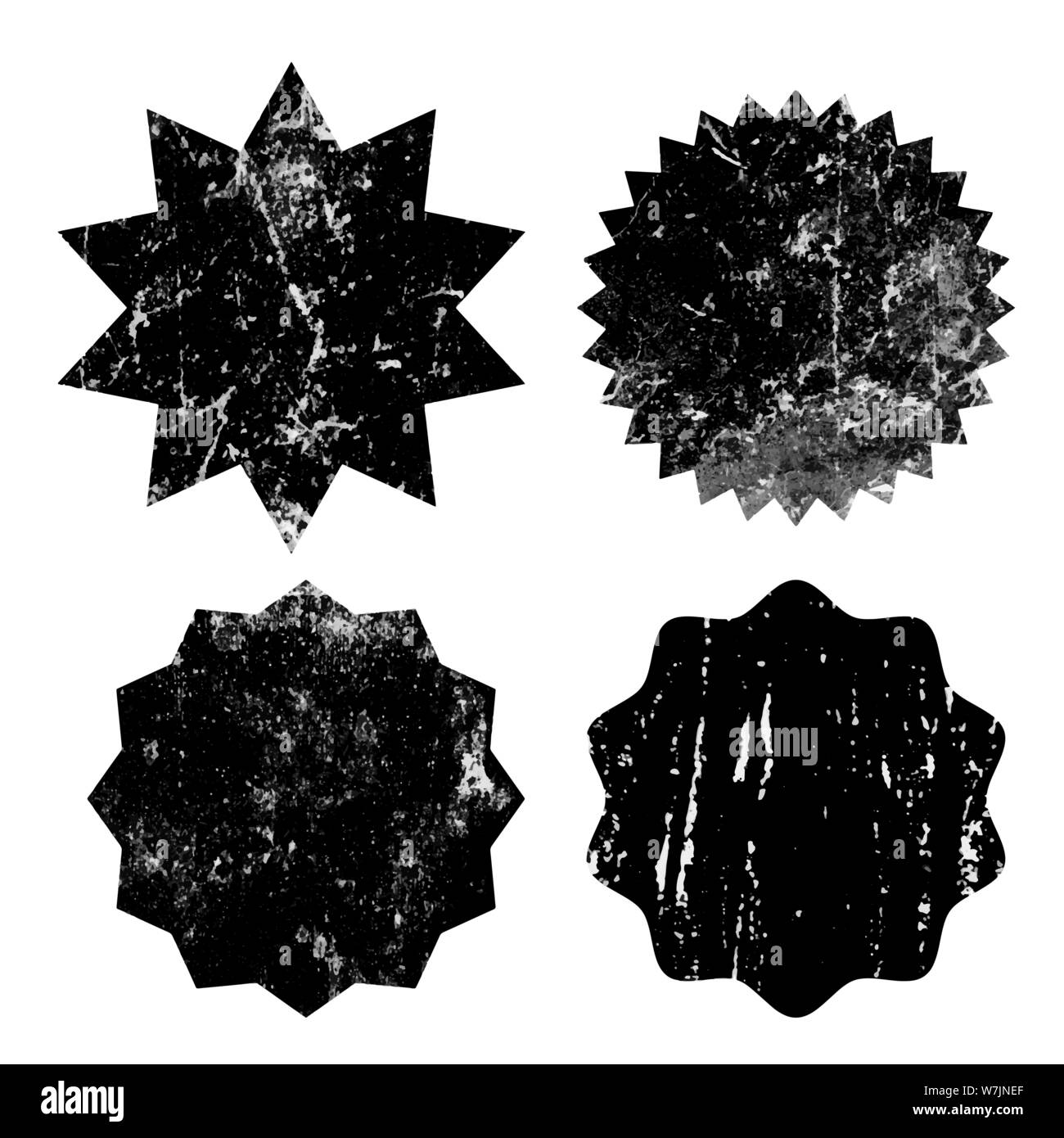 Set di nero starburst grunge timbri su sfondo bianco. Set di icone sul web. Scudetti e le etichette di varie forme. Illustrazione Vettoriale Illustrazione Vettoriale