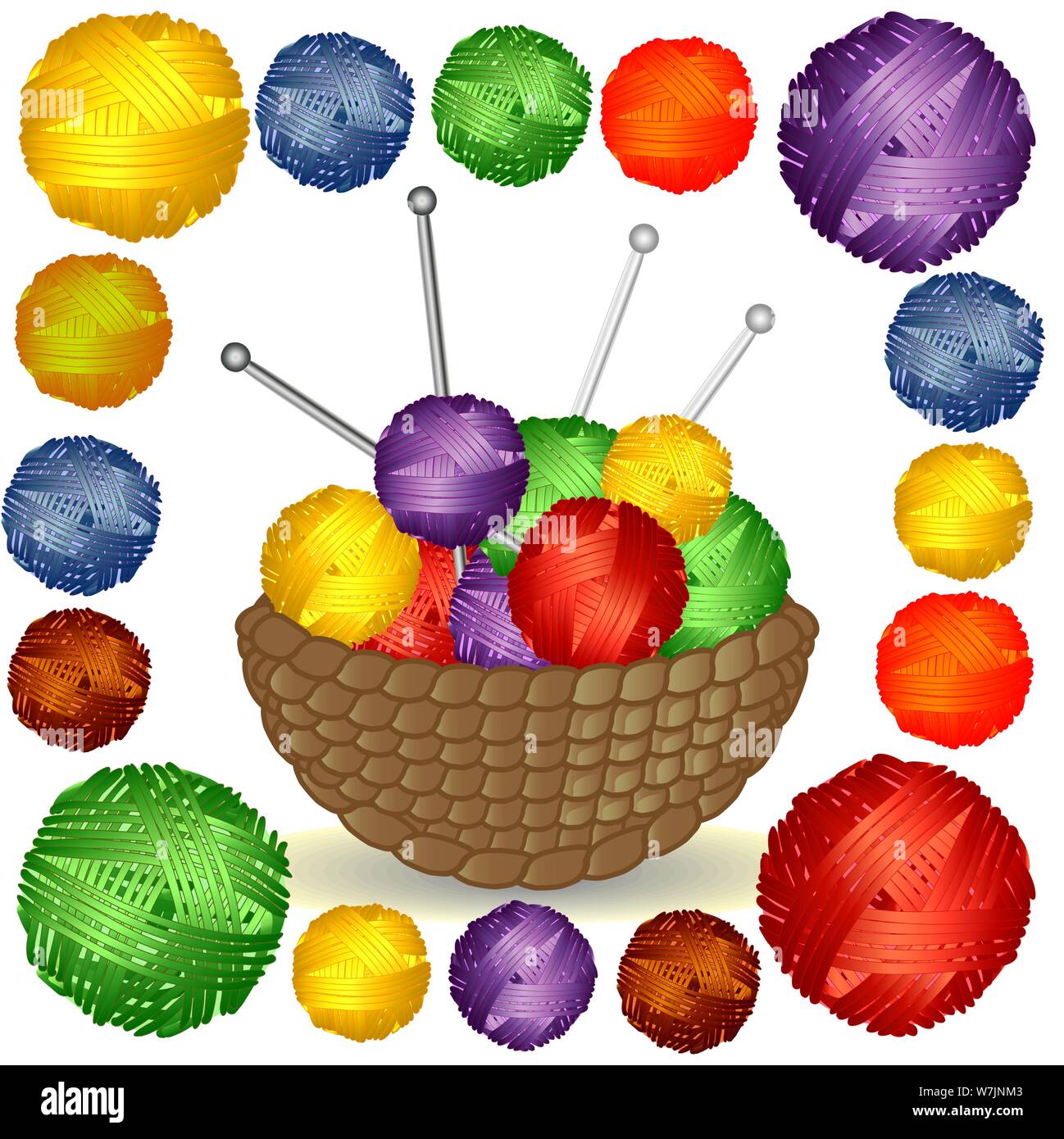 Cestello con multi-colore di grovigli in una cornice quadrata di multi-palle colorate di lana Illustrazione Vettoriale