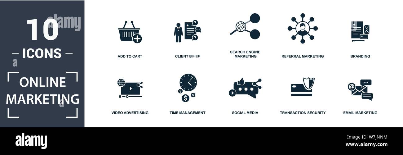 Set di icone di Marketing online. Contengono l'introduzione sul mercato del email flat riempito, video, rinvio, vendita di Search Engine, i mezzi sociali, gestione di tempo, aggiunga al carrello Illustrazione Vettoriale
