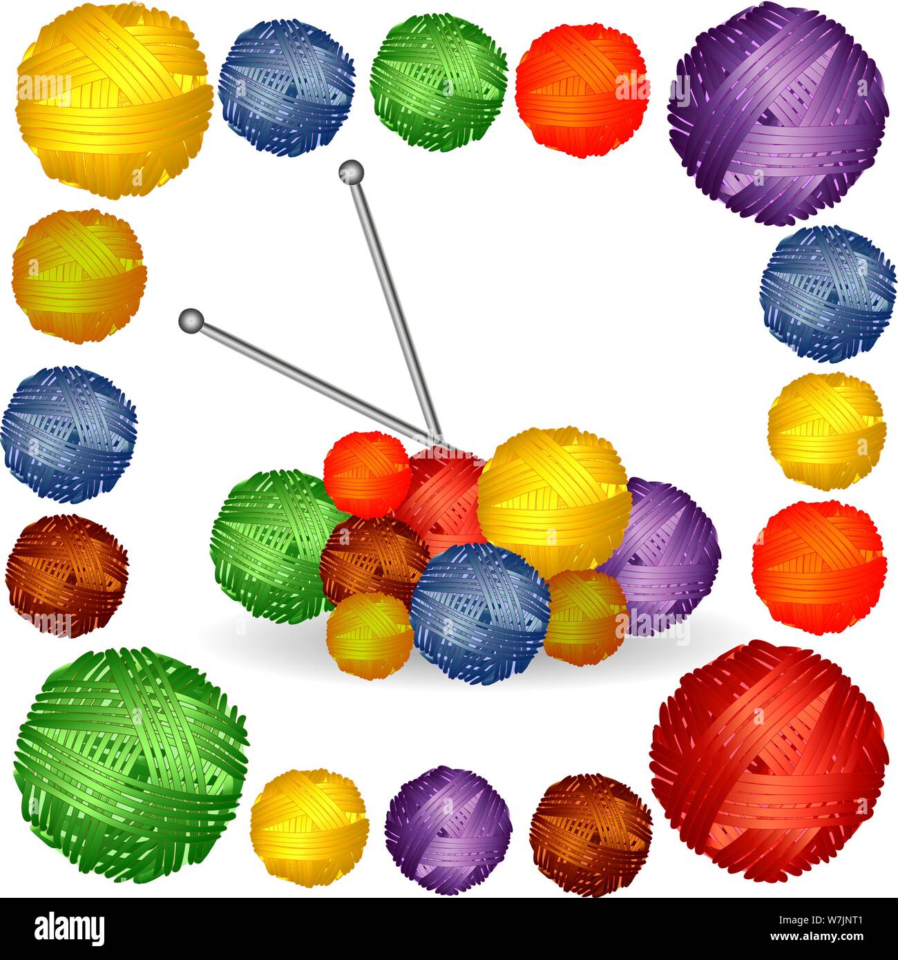 Nove palle di filati multicolori, thread bloccato degli aghi di tessitura in una cornice quadrata di multi-colore palle di lana Illustrazione Vettoriale