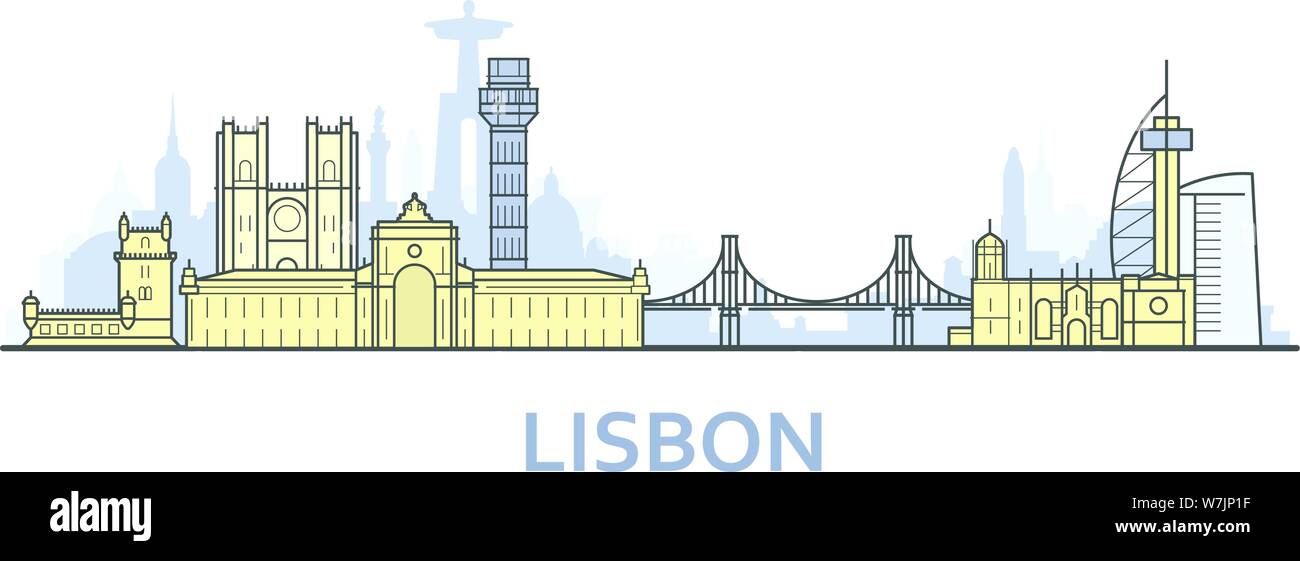 Paesaggio urbano di Lisbona - Old Town, Vista panoramica della città con i punti di riferimento di Lisbona Illustrazione Vettoriale