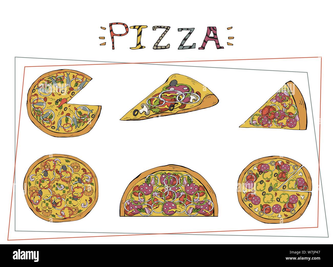 Pizza di vettore di tipi diversi set. Margarita e salsiccia per pizza, piatti a base di pesce. Il cibo italiano con formaggio e salsa di pomodoro in pizzeria o pizza house set di illustrazione Illustrazione Vettoriale