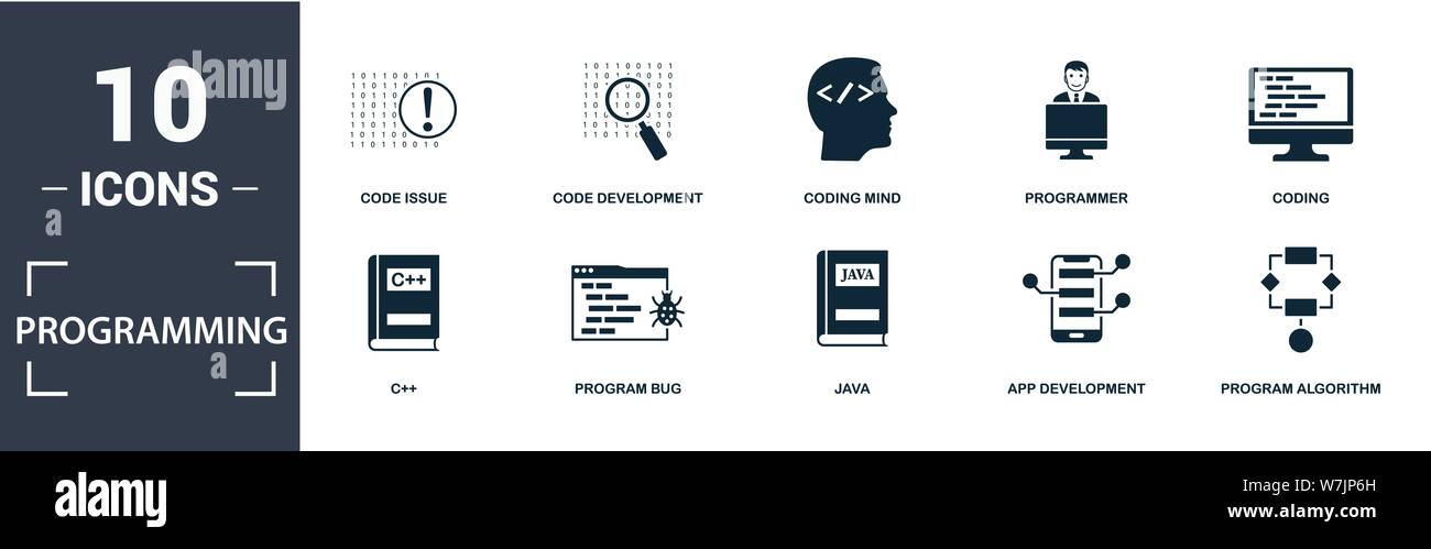 Set di icone del programmatore. Contiene codice piatto pieno, mente di codifica, sviluppo di app, algoritmo di programma, java, sviluppo di codice, icone di problemi di codice. Modificabile Illustrazione Vettoriale