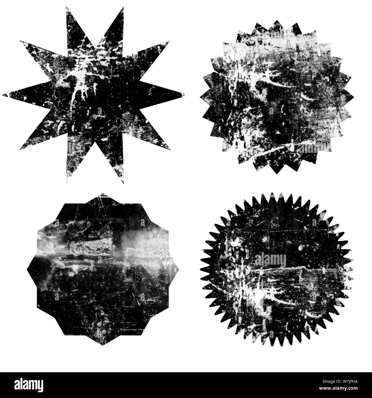 Set di nero starburst grunge timbri su sfondo bianco. Set di icone sul web. Scudetti e le etichette di varie forme. Illustrazione Vettoriale Illustrazione Vettoriale