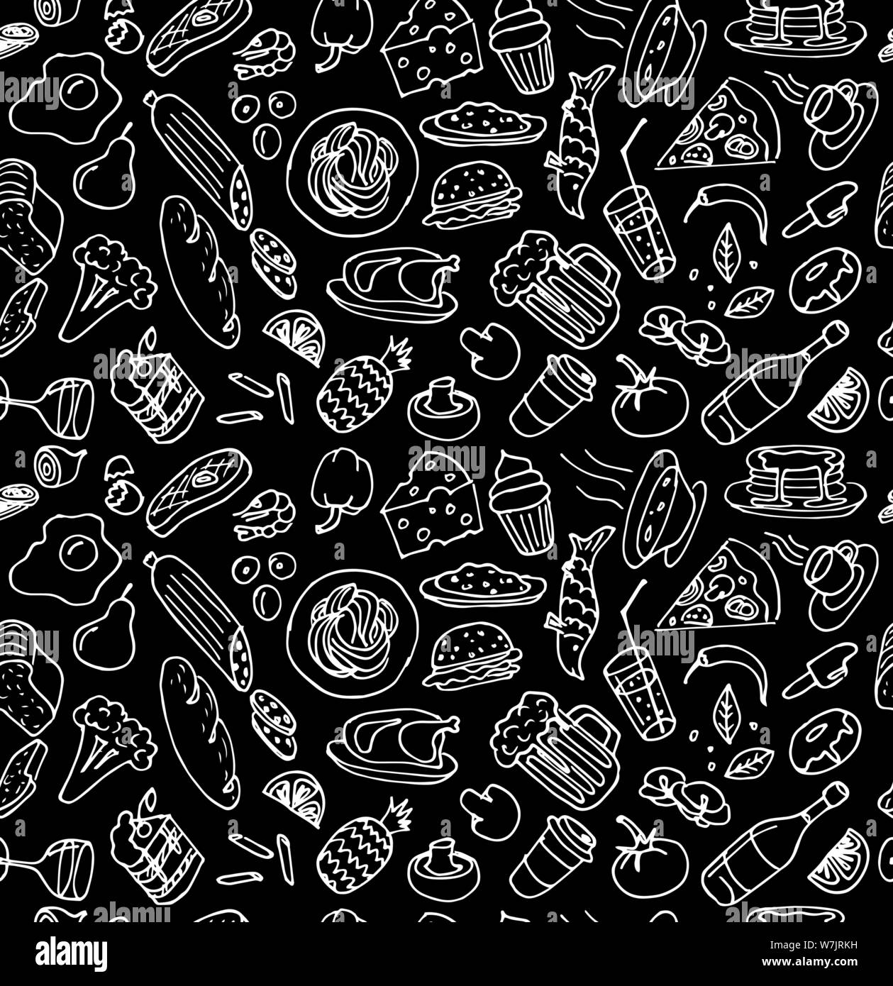 Vari piatti di cucina fatti a mano doodle contorno bianco gesso schizzo senza cuciture motivo su sfondo nero. Disegno vettoriale illustrazione grafica di una vignetta di cottura Illustrazione Vettoriale